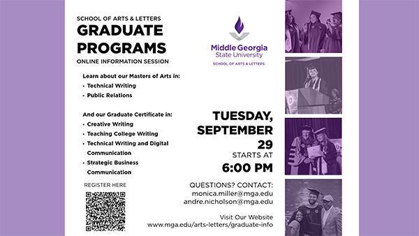 Middle Georgia State University School of Arts & Letters Graduate Programs online info session flyer for Tuesday, September 29 at 6 PM ET. Lists master's and certificate options, contact emails, website URL, and a QR code to register.